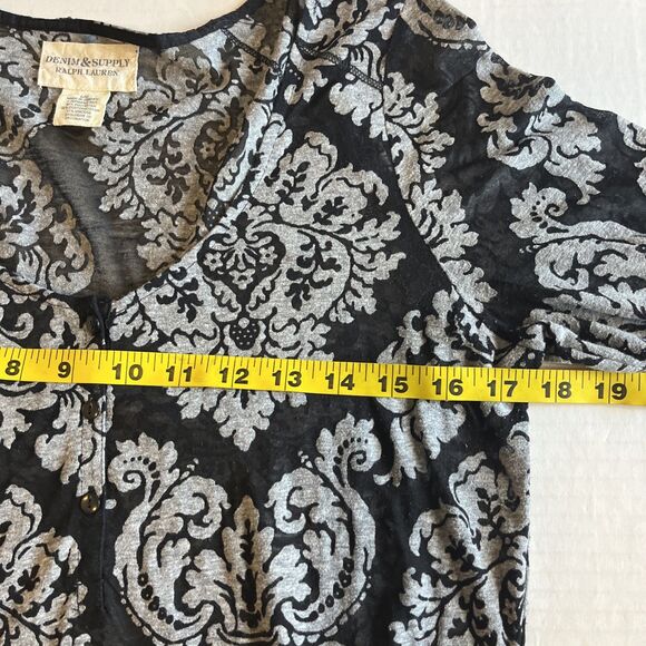 Denim & Supply Ralph Lauren Top Womens L Black Gray Sheer Gauze Romantic Floral - Picture 8 of 10